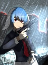 Rule 34 | &gt;:o, 1girl, absurdres, animal ears, bad id, bad pixiv id, black jacket, blazer, blue hair, building, collared shirt, commentary request, cowboy shot, crescent, crescent pin, extended magazine, eyes visible through hair, finger on trigger, fingernails, floppy ears, gun, handgun, highres, holding, holding gun, holding weapon, jacket, lights, long sleeves, looking at viewer, magazine (weapon), necktie, night, open mouth, outdoors, pistol, pleated skirt, pocket, rabbit ears, rain, red eyes, red necktie, reisen, reloading, shirt, short hair, skirt, solo, standing, tojo aoi, touhou, trigger discipline, v-shaped eyebrows, water drop, weapon, wet, white shirt, white skirt