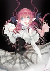 Rule 34 | 10s, absurdres, bad id, bad twitter id, blue eyes, corset, detached sleeves, dragon tail, dress, elizabeth bathory (fate), elizabeth bathory (fate/extra ccc), elizabeth bathory (second ascension) (fate), fate/extra, fate (series), highres, horns, long hair, mizutame tori, open mouth, pink hair, plaid, plaid skirt, pointy ears, skirt, solo, tail