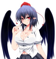 Rule 34 | 1girl, bird wings, black hair, blush, breasts, cleavage, female focus, hat, highres, large breasts, looking at viewer, miniskirt, naughty face, navel, parmiria, pointing, pointing at self, pointy ears, red eyes, see-through, shameimaru aya, short hair, skirt, smirk, solo, tokin hat, touhou, tsurime, undersized clothes, wings