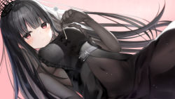 Rule 34 | 1girl, apron, black apron, black bow, black hair, bodystocking, bow, breasts, center opening, closed mouth, covered navel, crown, dutch angle, frilled apron, frills, hand up, highres, large breasts, long hair, looking at viewer, mimikaki, mini crown, original, pink background, red eyes, solo, zukan (db tyoutyo)