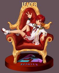 Rule 34 | 1boy, absurdres, bad id, bad pixiv id, black bow, bow, chain, commentary, elsword, elsword (character), g1 (jjw00123), grey background, highres, idol, jacket, long sleeves, male focus, red hair, red shorts, shoes, short hair, shorts, simple background, sitting, w, white footwear, white jacket