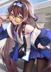 Rule 34 | 1girl, absurdres, adjusting eyewear, bag, bare shoulders, black nails, blue jacket, blue skirt, boo tao (genshin impact), brown hair, brown pantyhose, cowboy shot, flower-shaped pupils, genshin impact, glint, grin, hairband, hand on eyewear, hand on own hip, highres, hu tao (genshin impact), hu tao (lawson) (genshin impact), jacket, lawson, leaning back, long hair, looking at viewer, nail polish, off-shoulder shirt, off shoulder, official alternate costume, open clothes, open jacket, outdoors, pantyhose, pleated skirt, red eyes, shirt, shoulder bag, skirt, smile, solo, standing, sunglasses, symbol-shaped pupils, thighs, tinted eyewear, twintails, very long hair, yellow-tinted eyewear, yutoriko (candy0905)
