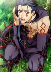 1boy, 2f sq, arm tattoo, blue hair, chest tattoo, cu chulainn (fate) (all), cu chulainn alter (fate/grand order), earrings, elbow gloves, facial mark, fate/grand order, fate (series), from above, gloves, grass, hair over shoulder, hair strand, jewelry, lancer, long hair, looking at viewer, male focus, monster boy, open mouth, purple gloves, red eyes, solo, spiked tail, spikes, squatting, tail, tattoo, tree