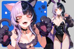 1girl @_@ absurdres alternate_costume animal_ear_hairband animal_ears animal_hands black_jacket black_leotard blue_background breasts cat_cutout cat_ears choker clothing_cutout fake_animal_ears fangs fishnet_pantyhose fishnets gloves grey_background hairband highres hololive hololive_english jacket lace lace_choker leotard medium_breasts ms._tsu multicolored_hair multiple_views open_mouth pantyhose paw_gloves rabbit_ear_hairband rabbit_ears red_eyes shiori_novella split-color_hair strapless strapless_leotard virtual_youtuber