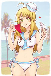 Rule 34 | 1girl, :q, ahoge, bikini, blonde hair, breasts, cleavage, dixie cup hat, flag, green eyes, hat, heart, hoshii miki, idolmaster, idolmaster (classic), long hair, medium breasts, military hat, navel, palm tree, pinky out, sailor bikini, sailor collar, sailor hat, sailor swimsuit (idolmaster), side-tie bikini bottom, solo, stmp, swimsuit, thigh gap, tongue, tongue out, tree