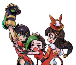 Rule 34 | &gt; &lt;, 3girls, animal ears, arm up, black hair, blue eyes, blunt bangs, blush, brown hair, caitlyn (league of legends), character request, cowboy shot, crying, doll, dress, firecracker jinx, fur-trimmed dress, fur trim, gauntlets, green eyes, green hair, holding, holding doll, jinx (league of legends), league of legends, long hair, multiple girls, mythmaker caitlyn, open mouth, phantom ix row, rabbit ears, red dress, short hair, short sleeves, simple background, sweatdrop, twintails, vi (league of legends), warring kingdoms vi, white background
