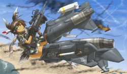 Rule 34 | 1girl, aim-9 sidewinder, air-to-air missile, anti-materiel rifle, bad id, bad pixiv id, bomb, brown eyes, brown hair, camouflage, dakku (ogitsune), explosive, f-15, f-15 eagle, full body, gun, head-mounted display, head wings, missile, native american, neuroi, ntw-20, panties, pantyshot, rifle, scouter, sleeves rolled up, sniper rifle, strike witches, strike witches 1991, striker unit, underwear, uniform, weapon, wings, world witches series