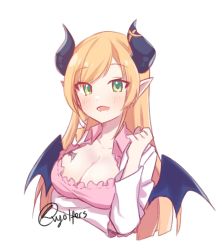 Rule 34 | 1girl, arm under breasts, artist name, blonde hair, breasts, cleavage, collarbone, collared shirt, commentary, demon girl, demon horns, demon wings, english commentary, frilled shirt, frills, green eyes, hair behind ear, highres, hololive, horns, lab coat, large breasts, long hair, open mouth, pink shirt, pointy ears, shirt, smile, solo, upper body, virtual youtuber, vyolfers, wings, yuzuki choco, yuzuki choco (1st costume)