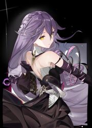 Rule 34 | 1060 (miyoushe 281105704), 1girl, aged up, backless dress, backless outfit, bandaged arm, bandaged fingers, bandaged hand, bandages, bare shoulders, black background, black bandages, black dress, black hole, braid, bright pupils, chinese commentary, closed mouth, commentary request, crown braid, dress, from behind, hair between eyes, highres, honkai (series), honkai impact 3rd, long hair, looking at viewer, loose bandages, purple hair, sirin, solo, star-shaped pupils, star (symbol), strapless, strapless dress, symbol-shaped pupils, very long hair, white pupils, yellow eyes
