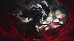 Rule 34 | 1girl, absurdres, artist name, ascot, bad id, bad pixiv id, blonde hair, blood, bloodborne, blurry, blurry background, brown cloak, brown pants, cape, cloak, commentary request, dual wielding, floating hair, from side, gloves, hat, hat feather, highres, hinson lew, holding, holding sword, holding weapon, hood, lady maria of the astral clocktower, long hair, long sleeves, looking at viewer, low ponytail, pants, ponytail, pool of blood, rakuyo (bloodborne), red eyes, ribbon, solo, sword, tricorne, weapon, white hair