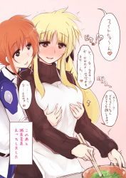 Rule 34 | 2girls, akitsuchi shien, apron, bad id, bad pixiv id, blonde hair, blush, grabbing another&#039;s breast, breasts, chopsticks, cooking, fate testarossa, grabbing, heart, heart-shaped pupils, large breasts, long hair, lyrical nanoha, meme, military, military uniform, multiple girls, open mouth, orange hair, purple eyes, red eyes, red hair, ribbed sweater, smile, standing, sweater, symbol-shaped pupils, takamachi nanoha, they had lots of sex afterwards (meme), translation request, turtleneck, uniform, yuri