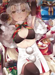 Rule 34 | 1girl, armpits, bad id, bad pixiv id, bell, bikini, bikini top only, black bikini, black gloves, black thighhighs, blonde hair, box, bra, breasts, capelet, elbow gloves, fate/grand order, fate (series), fur trim, gift, gift box, gloves, hair ribbon, headpiece, highres, ichinosenen, jeanne d&#039;arc (fate), jeanne d&#039;arc alter (fate), jeanne d&#039;arc alter santa lily (fate), long hair, looking at viewer, lying, navel, on back, ribbon, small breasts, smile, solo, swimsuit, thighhighs, underwear, very long hair, yellow eyes