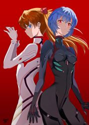 Rule 34 | 2girls, arms at sides, artist name, ayanami rei, back-to-back, blue eyes, breasts, brown hair, cowboy shot, evangelion: 3.0+1.0 thrice upon a time, glaring, highres, interface headset, long hair, looking at viewer, multiple girls, neon genesis evangelion, plugsuit, rebuild of evangelion, red background, red eyes, ryness, shaded face, short hair, small breasts, souryuu asuka langley, thighs, tight clothes