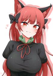 Rule 34 | 1girl, alternate hair length, alternate hairstyle, animal ear fluff, animal ears, black bow, bow, breasts, cat day, cat ears, cat girl, closed mouth, commentary request, extra ears, fang, hair bow, highres, kaenbyou rin, large breasts, long hair, looking at viewer, nekomata, red eyes, scavia10, simple background, solo, touhou, upper body, white background