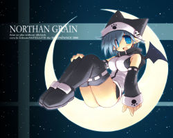 Rule 34 | 1girl, blue eyes, blue hair, crescent, crescent moon, detached sleeves, hat, looking at viewer, matching hair/eyes, moon, original, pointy ears, sakaki (noi-gren), short hair, solo, thighhighs, wings