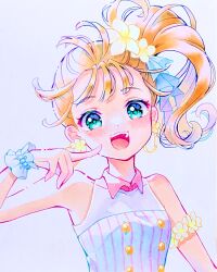 Rule 34 | 1girl, blonde hair, blue eyes, collar, earrings, flower, flower earrings, hair flower, hair ornament, highres, hoop earrings, jewelry, lilylily0601, long hair, natsuumi manatsu, open mouth, pink collar, precure, shirt, side ponytail, simple background, sleeveless, sleeveless shirt, smile, solo, tropical-rouge! precure, white background