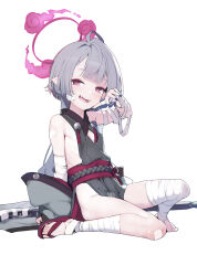 Rule 34 | 1girl, ataruman, bandage on leg, bandaged arm, bandaged foot, bandaged hand, bandaged leg, bandages, bell, blue archive, blush, clothing cutout, fangs, flat chest, grey hair, halo, highres, japanese clothes, jingle bell, long hair, looking at viewer, nail polish, obi, open mouth, pointy ears, red eyes, red halo, sandals, sash, shuro (blue archive), simple background, skinny, smile, solo, white background, zouri