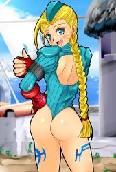 Rule 34 | 1990s (style), 1girl, ahoge, armband, ass, back, back cutout, blonde hair, blue eyes, blush, braid, cammy white, capcom, clothing cutout, fingerless gloves, from behind, garrison cap, gloves, hairline, hat, highres, huge ahoge, leotard, long hair, looking at viewer, looking back, open mouth, retro artstyle, ribbed leotard, scar, shiguko, shiny skin, shoulder pads, single braid, smile, solo, street fighter, street fighter zero (series), thong leotard, thumbs up, very long hair