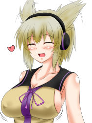Rule 34 | 1girl, :d, ^ ^, armpits, blonde hair, blush, bouncing breasts, breasts, cleavage, closed eyes, earmuffs, covered erect nipples, expressive hair, closed eyes, female focus, heart, large breasts, no bra, open mouth, parmiria, pointy hair, short hair, sideboob, smile, solo, touhou, toyosatomimi no miko