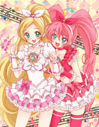 Rule 34 | 10s, 2girls, beamed quavers, blonde hair, blue eyes, bow, brooch, choker, cure melody, cure rhythm, dress, earrings, green eyes, hair ribbon, heart, houjou hibiki, jewelry, long hair, magical girl, midriff, minamino kanade, multiple girls, musical note, open mouth, pink bow, pink hair, pink legwear, precure, quaver, ribbon, sikuhima, skirt, smile, star (symbol), suite precure, thighhighs, treble clef, twintails, white choker