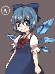 Rule 34 | circled 9, 1girl, blue dress, blue eyes, blue hair, bow, cirno, dress, grey background, hair bow, highres, ice, ice wings, looking at viewer, matching hair/eyes, nakanishi nep, puffy short sleeves, puffy sleeves, short hair, short sleeves, simple background, smile, solo, touhou, wings