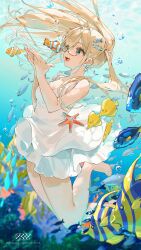 Rule 34 | 1girl, absurdres, barefoot, blonde hair, dress, earrings, fish, glasses, highres, jewelry, ocean, original, solo, starfish, too many, too many fish, underwater, white dress, z3zz4