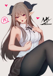 Rule 34 | 1girl, artist name, bare arms, bare shoulders, black ribbon, black socks, breasts, brown hair, brown skirt, collared shirt, curled horns, dress shirt, earrings, eyebrows hidden by hair, feet out of frame, grey background, hair between eyes, heart, highres, horns, interlocked venus symbols, jewelry, kneehighs, long hair, looking at viewer, medium breasts, neck ribbon, original, pantyhose, pointy ears, red eyes, ribbon, shimmer, shirt, signature, simple background, sitting, skirt, sleeveless, sleeveless shirt, socks, solo, tongue, tongue out, venus symbol, very long hair, white shirt