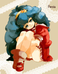 Rule 34 | 1girl, big hair, blue eyes, blue hair, brown background, character name, frills, full body, hairband, hayami persia, head tilt, hugging own legs, lace, lace background, legs, long hair, looking at viewer, loose socks, mahou no yousei persia, mary janes, matching hair/eyes, miniskirt, persia, persia (mahou no yousei persia), petticoat, school uniform, serafuku, shirt, shiyouma, shoes, simple background, sitting, skirt, sleeves rolled up, smile, socks, solo, star (symbol), very long hair