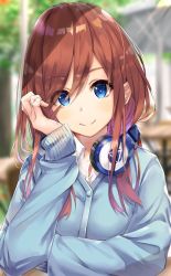 Rule 34 | 1girl, blue cardigan, blue eyes, breasts, brown hair, cardigan, closed mouth, commentary request, day, go-toubun no hanayome, hair between eyes, hand in own hair, hand on table, headphones, headphones around neck, highres, kurokuro illust, long hair, long sleeves, looking at viewer, medium breasts, nakano miku, outdoors, shirt, sitting, smile, solo, table, tree, white shirt
