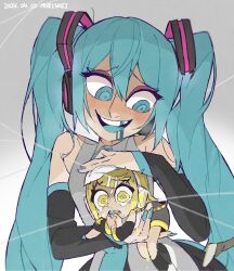 Rule 34 | 2024, 2girls, aqua eyes, aqua hair, aqua mouth, aqua nails, aqua necktie, aqua tongue, black skirt, black sleeves, blush, chibi, collared shirt, colored tongue, crazy eyes, crazy smile, crying, crying with eyes open, dated, detached sleeves, drooling, eyeshadow, grey shirt, grey shorts, hair ornament, hairclip, hatsune miku, head tilt, headpat, headphones, headset, highres, kagamine rin, leg warmers, long hair, lying, makeup, messy hair, mini person, minigirl, missing tooth, mori no ji, multiple girls, necktie, nervous sweating, on stomach, ooze, open mouth, peeing, peeing self, petting, purple eyeshadow, ringed eyes, scared, shirt, shorts, skirt, slime (substance), smile, streaming tears, sweat, swept bangs, tears, turn pale, twintails, very long hair, vocaloid, wavy eyes, yandere, yellow tongue