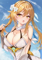 Rule 34 | 1girl, absurdres, bare shoulders, blonde hair, blue sky, breasts, cleavage, dress, flower, genshin impact, hair flower, hair ornament, highres, holding, holding own hair, large breasts, lily (flower), looking at viewer, lumine (genshin impact), mito soosu, open mouth, raised eyebrows, short hair with long locks, sidelocks, sky, solo, upper body, white dress, white flower, yellow eyes