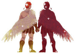 Rule 34 | 2boys, ancient greek clothes, bare shoulders, brothers, castor (housamo), from behind, full body, greco-roman clothes, holding hands, male focus, multiple boys, muscular, muscular male, red hair, short hair, siblings, sideburns, silhouette, single wing, sparkle, thighs, tokyo houkago summoners, tsuna (so da77), wings
