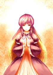 Rule 34 | 1girl, adapted costume, alternate color, alternate eye color, arm strap, backlighting, blonde hair, breasts, colored eyelashes, dress, enriend, frilled sleeves, frills, highres, hijiri byakuren, layered dress, long hair, long sleeves, looking at viewer, medium breasts, orange background, orange dress, orange eyes, own hands clasped, own hands together, puffy long sleeves, puffy sleeves, purple dress, purple hair, purple ribbon, ribbon, sidelocks, smile, solo, touhou, very long hair, wide sleeves