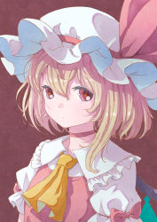 Rule 34 | 1girl, ascot, blonde hair, collared shirt, crystal, flandre scarlet, frilled shirt collar, frills, hat, hat ribbon, highres, mob cap, puffy short sleeves, puffy sleeves, red background, red eyes, red vest, ribbon, satyuas, shirt, short hair, short sleeves, sleeve bow, touhou, vest, white shirt, wings