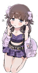 Rule 34 | 1girl, :t, absurdres, bare shoulders, belt, black belt, blue eyes, blush, bow, breasts, brown hair, commentary request, from above, full body, heart, heart necklace, highres, idolmaster, idolmaster cinderella girls, jacket, jewelry, long hair, long sleeves, looking at viewer, midriff, mugicha (mugicha5060), multicolored hair, navel, necklace, off shoulder, pink bow, pink jacket, pleated skirt, purple shirt, purple skirt, sakuma mayu, seiza, shirt, simple background, sitting, skirt, sleeveless, sleeveless shirt, solo, streaked hair, swirl, two side up, white background