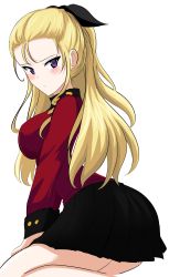 Rule 34 | 1girl, absurdres, aikir (jml5160), assam (girls und panzer), black ribbon, black skirt, blonde hair, blue eyes, blush, closed mouth, commentary, from side, frown, girls und panzer, hair pulled back, hair ribbon, hands on own thighs, highres, jacket, kneeling, long hair, long sleeves, looking at viewer, looking back, military, military uniform, miniskirt, pleated skirt, red jacket, ribbon, simple background, skirt, solo, st. gloriana&#039;s military uniform, uniform, white background
