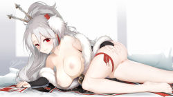 Rule 34 | 1girl, absurdres, anus, ass, azur lane, bare legs, bare shoulders, barefoot, black kimono, blush, breasts, bridal garter, bridal gauntlets, closed mouth, collarbone, commentary request, cross, deep skin, fur-trimmed kimono, fur-trimmed sleeves, fur trim, ghost nipples, grey hair, hair between eyes, hair ornament, hair stick, haku89, hand on thigh, highres, iron cross, japanese clothes, kimono, large breasts, long hair, looking at viewer, lying, mole, mole under eye, multicolored clothes, multicolored kimono, nipples, off shoulder, official alternate costume, on side, ponytail, prinz heinrich (azur lane), prinz heinrich (fireworks and tapestries) (azur lane), pussy, red eyes, sidelocks, signature, smile, solo, spread ass, very long hair