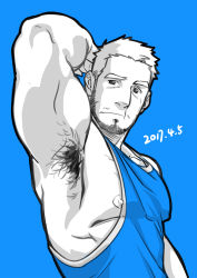 Rule 34 | 1boy, armpit hair, armpits, bara, beard, biceps, blue theme, dated, covered erect nipples, facial hair, from side, highres, koji (wildlhz), male focus, mature male, monochrome, muscular, muscular male, nipple slip, nipples, original, short hair, solo, spot color, stubble, upper body