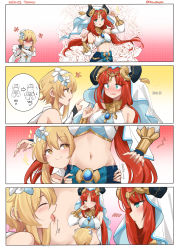 Rule 34 | 2girls, 4koma, absurdres, anger vein, aqua eyes, bare shoulders, blonde hair, blush, breasts, clothes pull, comic, commentary, commentary request, crop top, english commentary, english text, female pervert, flower, genshin impact, groin, hair ornament, hands up, highres, horns, jewelry, licking, licking navel, long hair, looking at viewer, lumine (genshin impact), midriff, multiple girls, naughty face, navel, navel fetish, navel insertion, navel stimulation, nilou (genshin impact), pervert, pinepin, pulling another&#039;s clothes, red hair, short hair, sidelocks, sleeveless, smile, speech bubble, tongue, tongue out, uncommon stimulation, upper body, v-shaped eyebrows, veil, very long hair, yellow eyes, yuri