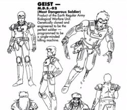 Rule 34 | 1980s (style), 1boy, blonde hair, character name, character sheet, english text, full body, headband, knife, lineart, long hair, m.d. geist, male focus, mds-02 geist, oldschool, retro artstyle, short hair, simple background, sketch, soldier, standing, tagme, white background