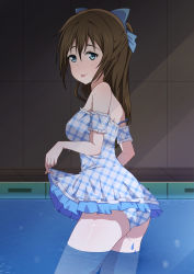 Rule 34 | 1girl, :p, absurdres, aqua bow, aqua eyes, arm garter, arm ribbon, artist name, artist request, bare legs, bare shoulders, bikini, bikini skirt, blue bow, blue eyes, blush, bow, bracelet, breasts, brown hair, checkered bow, checkered clothes, checkered swimsuit, cleavage, collarbone, cross-laced clothes, cross-laced one-piece swimsuit, dress, dress swimsuit, female focus, frilled swimsuit, frills, from behind, hair between eyes, hair bow, half updo, high ponytail, highres, holding, holding clothes, indoors, jewelry, long hair, looking at viewer, looking back, love live!, love live! nijigasaki high school idol club, love live! school idol festival, medium breasts, one-piece swimsuit, osaka shizuku, parted lips, pearl bracelet, plaid, plaid dress, pleated, pleated dress, ponytail, pool, ribbon, sideboob, smile, solo, swimsuit, tongue, tongue out, white ribbon