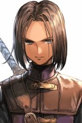 Rule 34 | 1boy, armor, belt, blue eyes, brown hair, closed mouth, dragon quest, dragon quest xi, hero (dq11), hungry clicker, leather belt, looking at viewer, male focus, parted bangs, simple background, solo, square enix, sword, upper body, weapon, weapon on back, white background