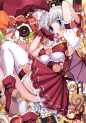 Rule 34 | 1girl, absurdres, blue eyes, boots, brand name imitation, breasts, candy, checkerboard cookie, chocolate, chocolate bar, collar, cookie, demon tail, demon wings, doughnut, food, fruit, gloves, highres, jack-o&#039;-lantern, jar, jelly bean, kei jiei, large breasts, lollipop, lying, on side, pocky, pumpkin, solo, strawberry, sweets, swirl lollipop, tail, thighhighs, trick or treat, white hair, white thighhighs, wings