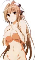 Rule 34 | 10s, 1girl, ahoge, amagi brilliant park, blush, breasts, brown eyes, brown hair, cleavage, hair ribbon, highres, large breasts, long hair, looking at viewer, navel, nipples, nude, ponytail, ribbon, sento isuzu, simple background, solo, standing, white background, yellow eyes