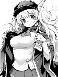 Rule 34 | 1girl, :o, ascot, bandaid, bandaid on face, blush, breasts, breath, bridal gauntlets, granblue fantasy, greyscale, hat, hat feather, highres, impossible clothes, kztk, large breasts, long hair, looking at viewer, monika weisswind, monochrome, peaked cap, shirt, skirt, solo, sweatdrop, twintails, undressing, upper body