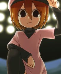 Rule 34 | 1girl, adjusting clothes, adjusting headwear, arm on knee, baseball cap, black eyes, black shirt, black thighhighs, blurry, blurry background, blush, brown hair, curled fingers, expressionless, frown, hair between eyes, hand to head, hat, highres, jiima tarou, knee up, kneeling, layered clothes, long sleeves, looking at viewer, looking down, minna no rhythm tengoku, pink hat, pink shirt, pitcher-chan, pitcher (rhythm tengoku), rhythm tengoku, shaded face, shirt, short hair, short sleeves, solo, stadium lights, thighhighs, v-neck