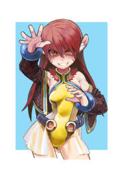 Rule 34 | 1girl, animal ears, bare shoulders, blue background, bracelet, brown hair, facial tattoo, grin, highres, jacket, jewelry, kousaku, leotard, long hair, looking at viewer, mouse ears, open clothes, open jacket, simple background, smile, solo, tattoo, yellow eyes