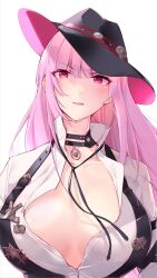 Rule 34 | 1girl, black choker, black hat, bodice, breasts, choker, cleavage, collarbone, cowboy, cowboy hat, cowboy western, hat, hat ornament, highres, hololive, hololive english, large breasts, long hair, looking at viewer, low-cut, mori calliope, mori calliope (sheriff), official alternate costume, pink hair, red eyes, sheriff, sheriff badge, shirt, simple background, skull choker, skull hat ornament, skull ornament, solo, virtual youtuber, western, white background, white shirt, yuyaiyaui