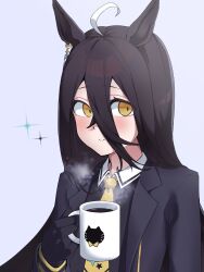 Rule 34 | 1girl, a4 (a4 eishi), absurdres, ahoge, animal ears, black coat, black gloves, black hair, black shirt, blush, closed mouth, coat, coffee, collared shirt, cup, diffraction spikes, earrings, gloves, hand up, highres, holding, holding cup, horse ears, jewelry, long hair, long sleeves, looking at viewer, manhattan cafe (umamusume), multicolored hair, necktie, raised eyebrows, shirt, single earring, smi, solo, steam, streaked hair, teeth, umamusume, upper teeth only, yellow eyes, yellow necktie