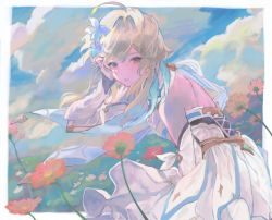 Rule 34 | 1girl, ahoge, blonde hair, border, breasts, brown eyes, cloud, commentary request, day, detached sleeves, dress, flower, genshin impact, hair flower, hair ornament, hand in own hair, highres, looking at viewer, lumine (genshin impact), mumu vosp, orange flower, outdoors, parted lips, short hair with long locks, sky, small breasts, solo, upper body, white border, white dress, white flower